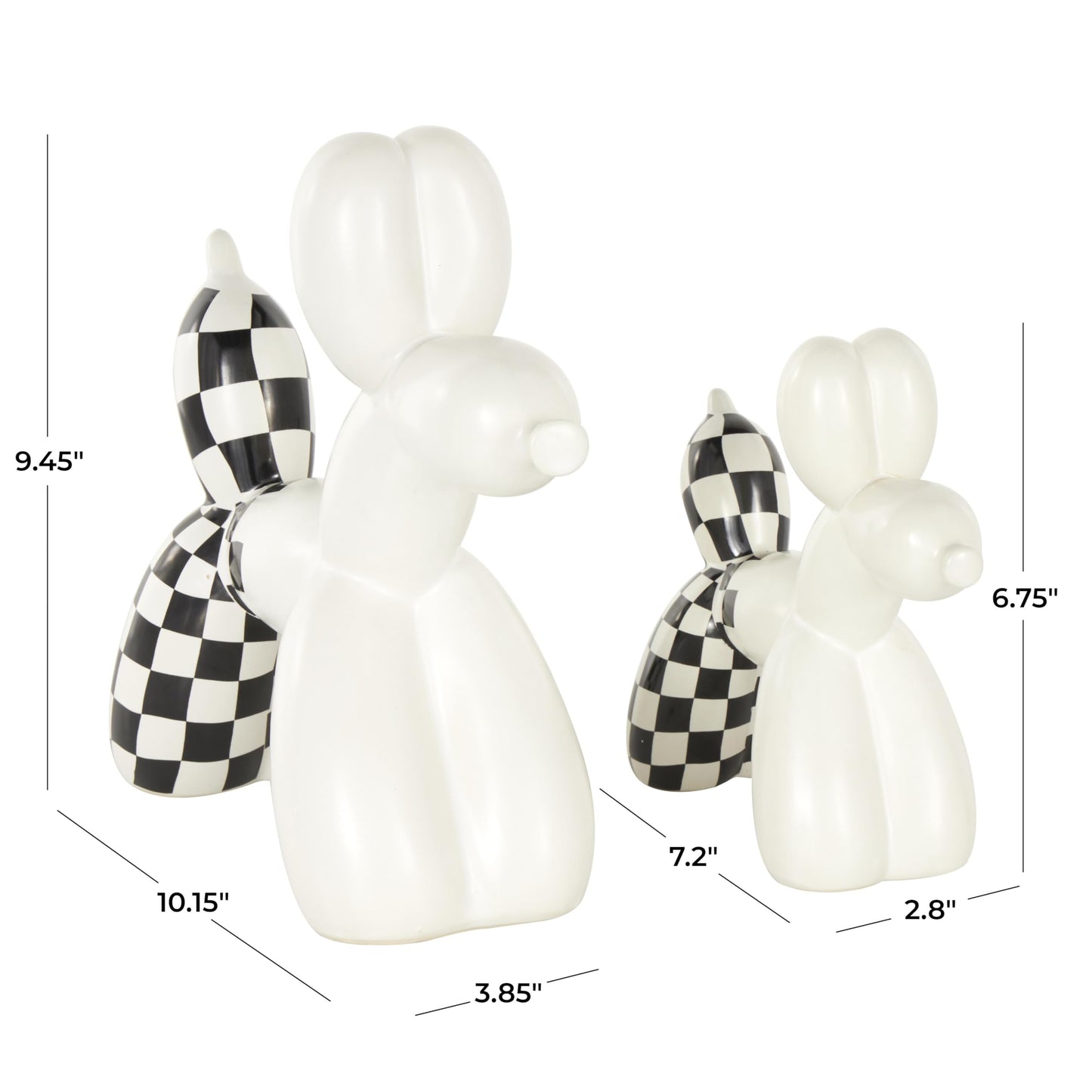 Deco 79 Ceramic Dog Decorative Sculpture Balloon Home Decor Statues with Checkered Accents, Set of 2 Accent Figurines 9", 7"H, White