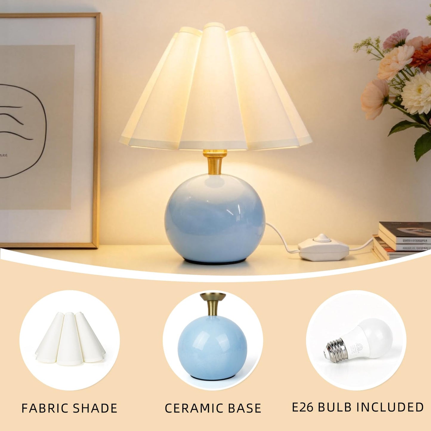 Komothala Small Bedside Table Lamp, Ceramic Stepless Dimmable Lamp with Scalloped Fabric Shade,Decorative Accent Light for Nightstand, Living Room, Console or Kids Dorm,Blue (E26 LED Bulb Included)