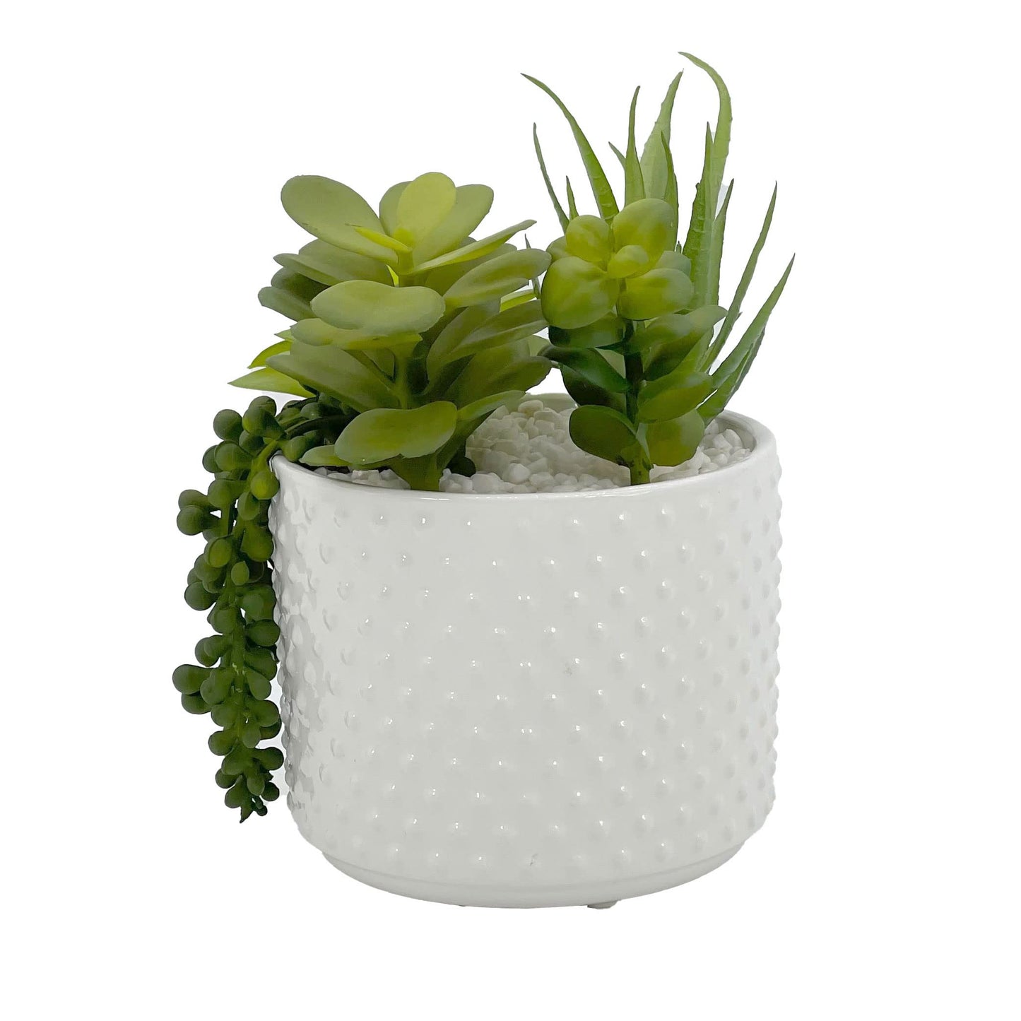 Galt International Faux Assorted Succulent Arrangement in White Dimpled Ceramic Porcelain Pot Planter 7.87" Tall | Home Decor Living Room Kitchen Washroom Restroom Office Plant