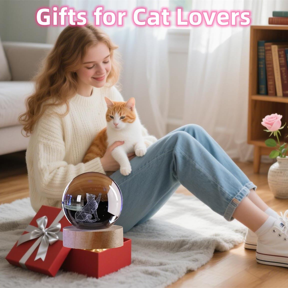 HAKSEIFA 3D Cat Crystal Ball Themed Gifts for Mom Wife Girlfriend Couple Her Cat Lover Gift for Women Birthday Christmas Decorative Glass Ball Decor Night Lamp