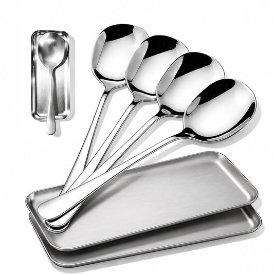 4-Piece Serving Spoons Set with 2 Spoon Rests, 18/8 304 Stainless Steel, Large Buffet Serving Spoons, Heavy Duty Flatware Utensils for Banquet, Cooking & Kitchen