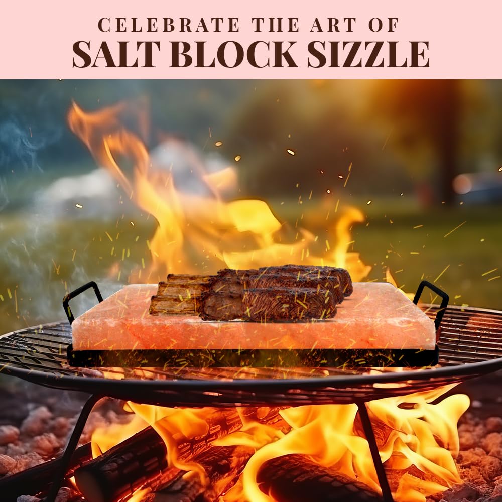 POHS Himalayan Salt Block For Grilling, Searing, Cooking, BBQ, Himalayan Salt Slab with Premium Quality Metal Holder 12x8x1.5 Inches