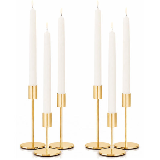 zeochyni French Gold Candlestick Holders Set of 6, Metal Taper Candle Holders in 3 Heights with Weighted Base for Dining Table Centerpiece, Wedding, Mantel Decor and Housewarming Gift
