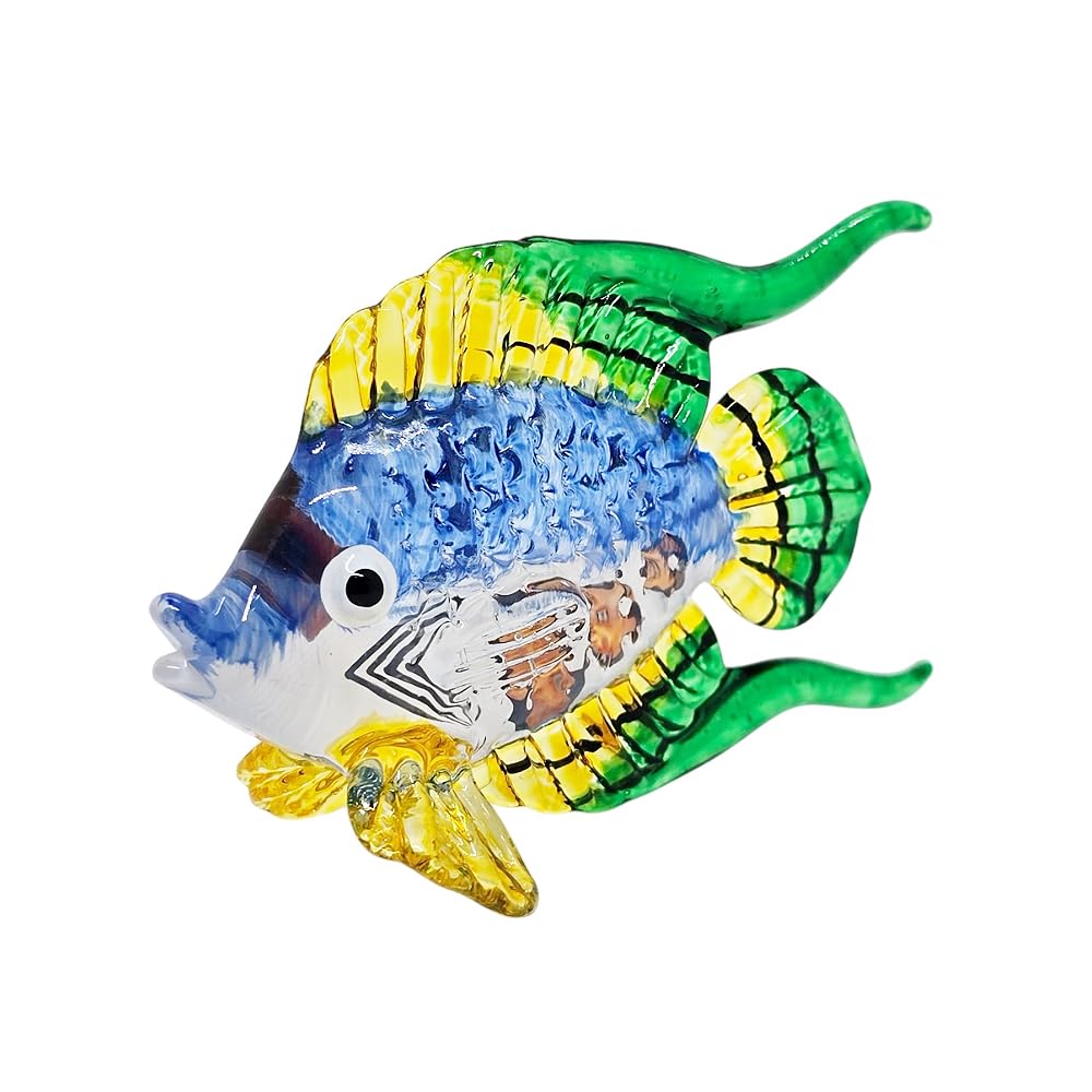 WitnyStore 3½" Blue Green Yellow Angelfish Angel Fish Artistic Blown Glass Figurine Hand-Blown Statue Tabletop Decoration Unique Collectible for Adult Collectors Handcrafted Elegant Home Room Decor