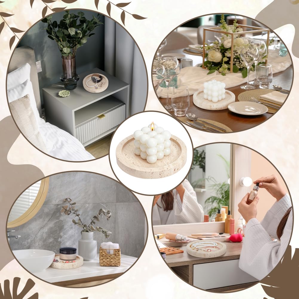 EVERJOYCRAFT Natural Travertine Candlestick Holder 6'' Diameter Round Stone Jewelry Display Plate 1'' Thick Candle Tray with 8 Adhesive Silicone Bumper Minimalist Modern Plate Holder Home Decor