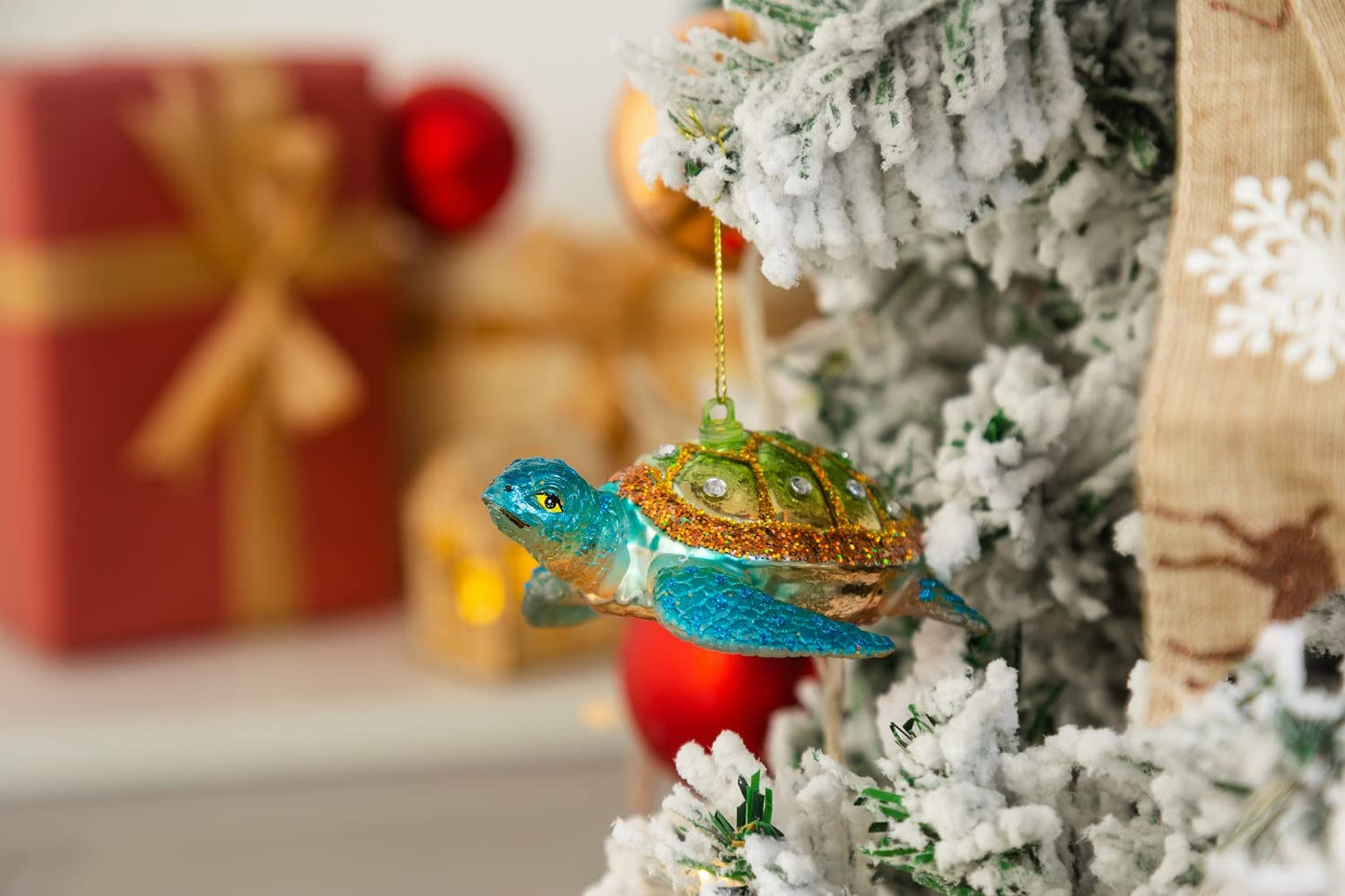 Set of 2 Hanging Sea Turtle Christmas Ornament, Hand Blown Resin Glass Sea Turtle Ornaments for Christmas Tree