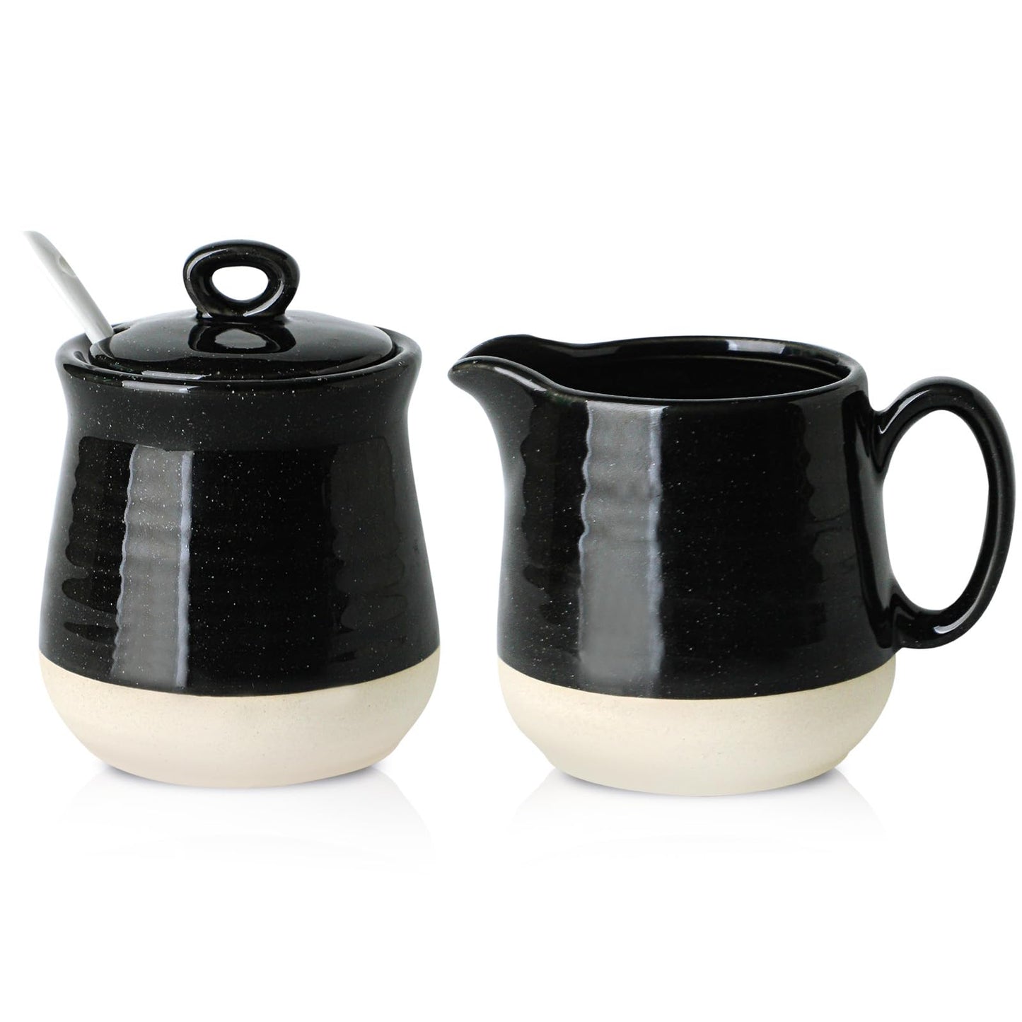 Hasense Porcelain Sugar and Creamer Set, 3 Piece Coffee Serving Set with Cream Pitcher, Sugar Bowl, Lid & Spoon, 10 Oz Farmhouse Decor for Coffee Bar, Black