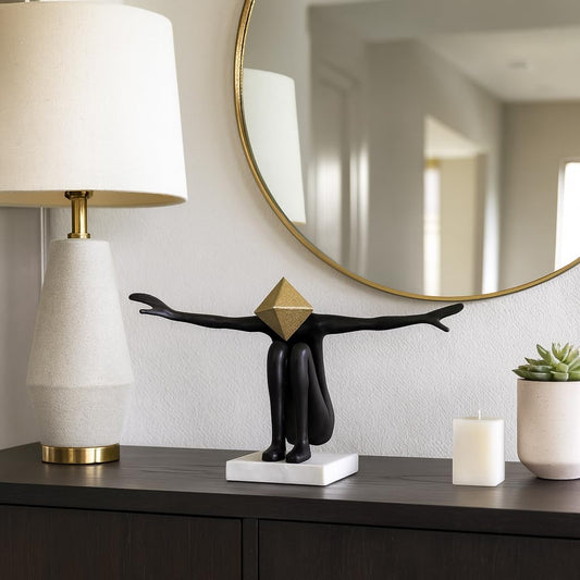 Modern Home and Office Statue for Living Room – Abstract Metal and Marble Figurative Sculpture with Pyramid Head – Elegant Accent for Bedroom, Bathroom, Coffee Table, and Shelf Decor – 8" Black & Gold