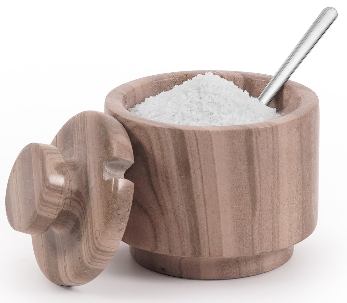 MARBLOUS KRAFTS Marble Salt Cellar with Lid & Spoon 3" Brown Small Flaky Salt Box and Sugar Jar for Spice Storage on Countertop, Kitchen Seasoning Container, Ideal Mother’s Day Gift for Mom