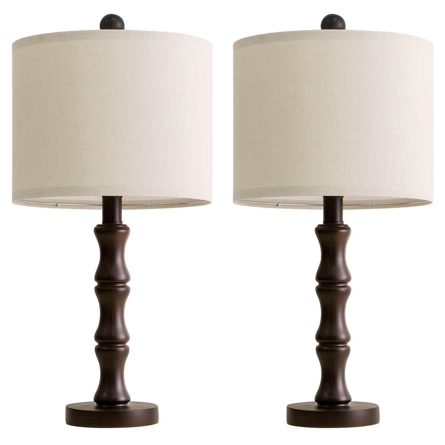 BOBOMOMO 20.5" Classic Table Lamps Set of 2, Farmhouse Nightstand Lamps with Dark Wood Grain Resin Base & Linen Shade, Small Bedside Lamps for Bedroom, Living Room, Home Office & Cozy Apartment Décor