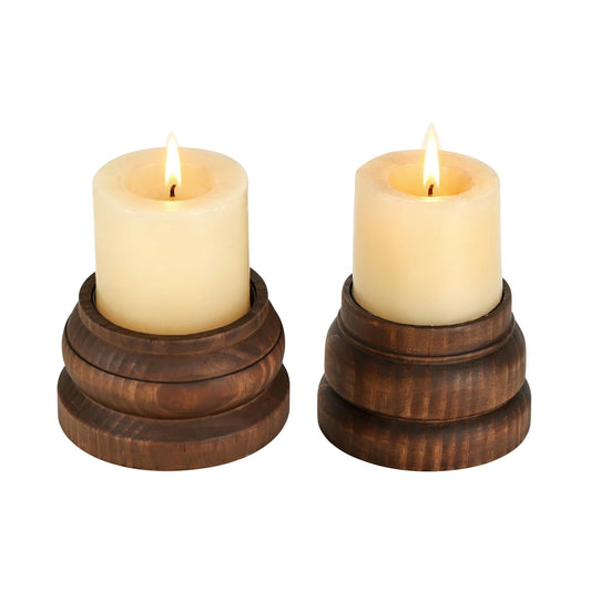 NIKKY HOME Farmhouse Solid Wood Pillar Candle Holders Set of 2, Brown