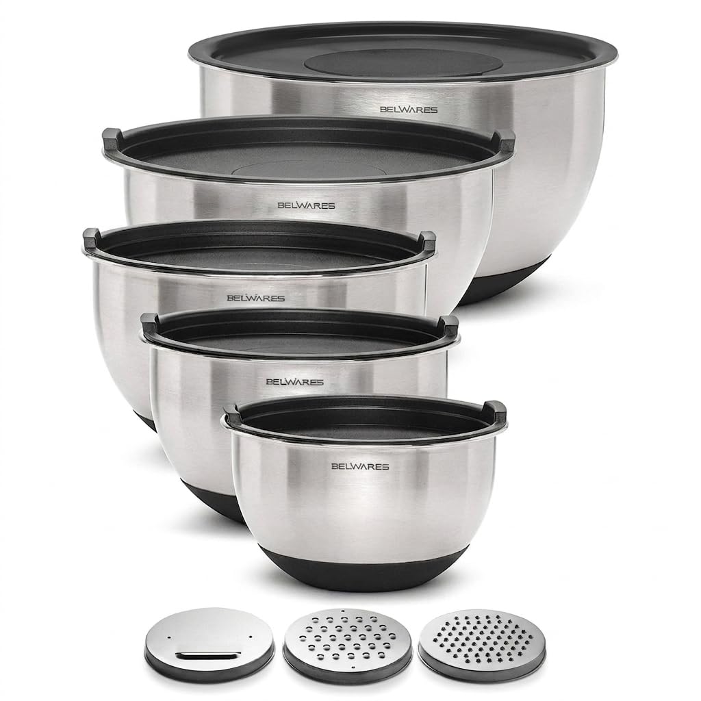Belwares Mixing Bowls with Lids Set of 5 - Stainless Steel Mixing Bowl Set, Nesting Metal Bowls with Non Slip Bottoms + 3 Grater Attachments, Airtight Lids for Baking, Food Prep + Storage, Black