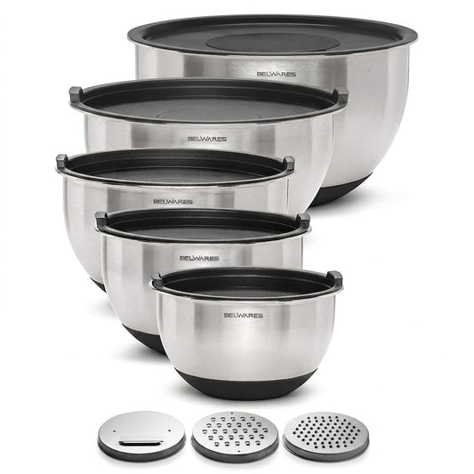Belwares Mixing Bowls with Lids Set of 5 - Stainless Steel Mixing Bowl Set, Nesting Metal Bowls with Non Slip Bottoms + 3 Grater Attachments, Airtight Lids for Baking, Food Prep + Storage, Black