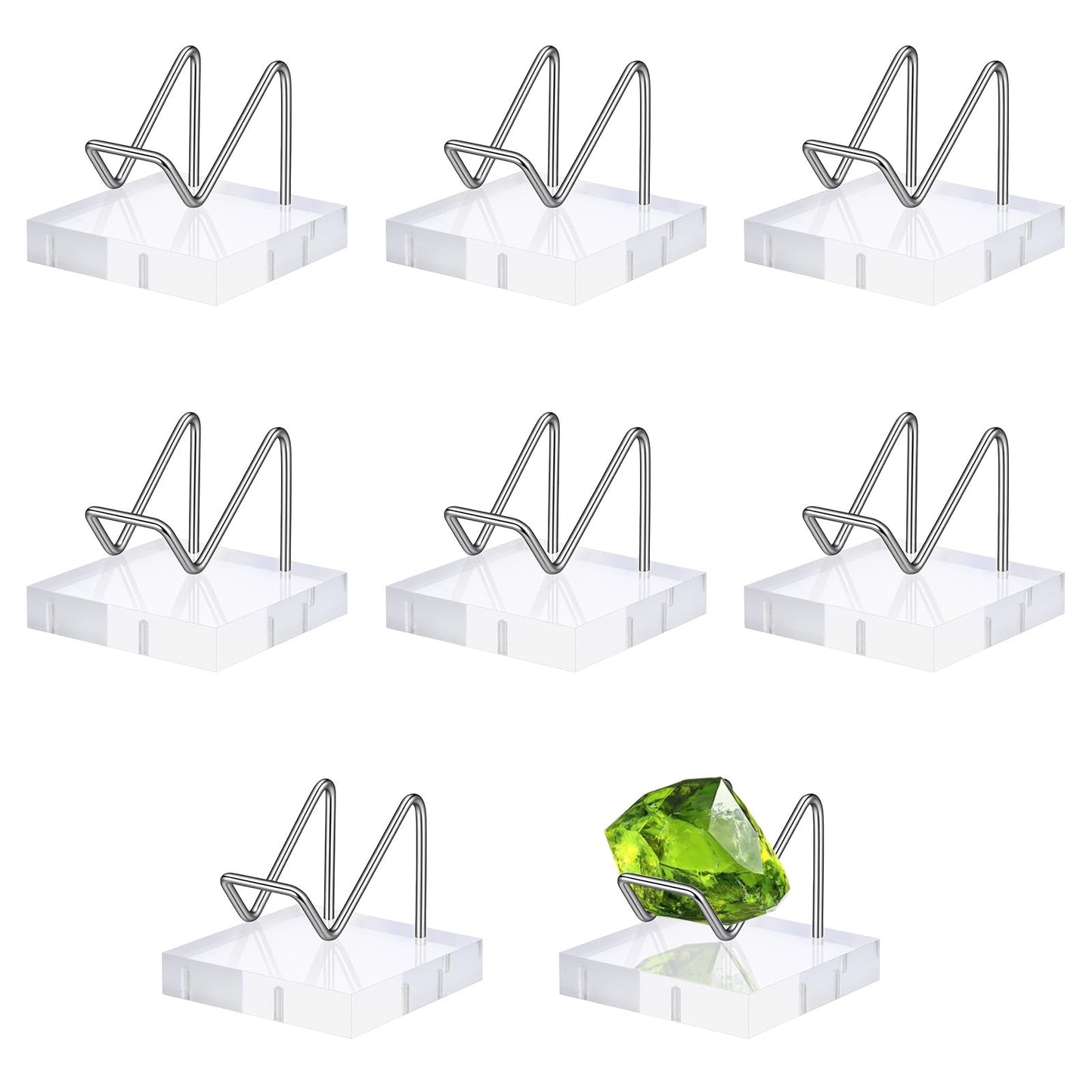 Kegeeei 8 Pcs Crystal Display Stands, 2x2 Inch Acrylic and Metal Rock Display Holder, Clear Base with Silver Arms for Minerals, Geodes, Fossils, Agate, Coral, and Collectibles