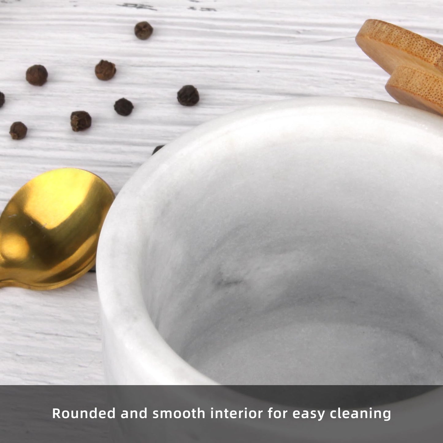 HESHIBI Marble Salt Cellar Box with Bamboo Lid & Metal Spoon, Modern Stone Salt or Pepper Sugar Spice Seasoning Bowl Container Jar Holder Well Keeper Dish Pig Crock for Kitchen (Light Grey)