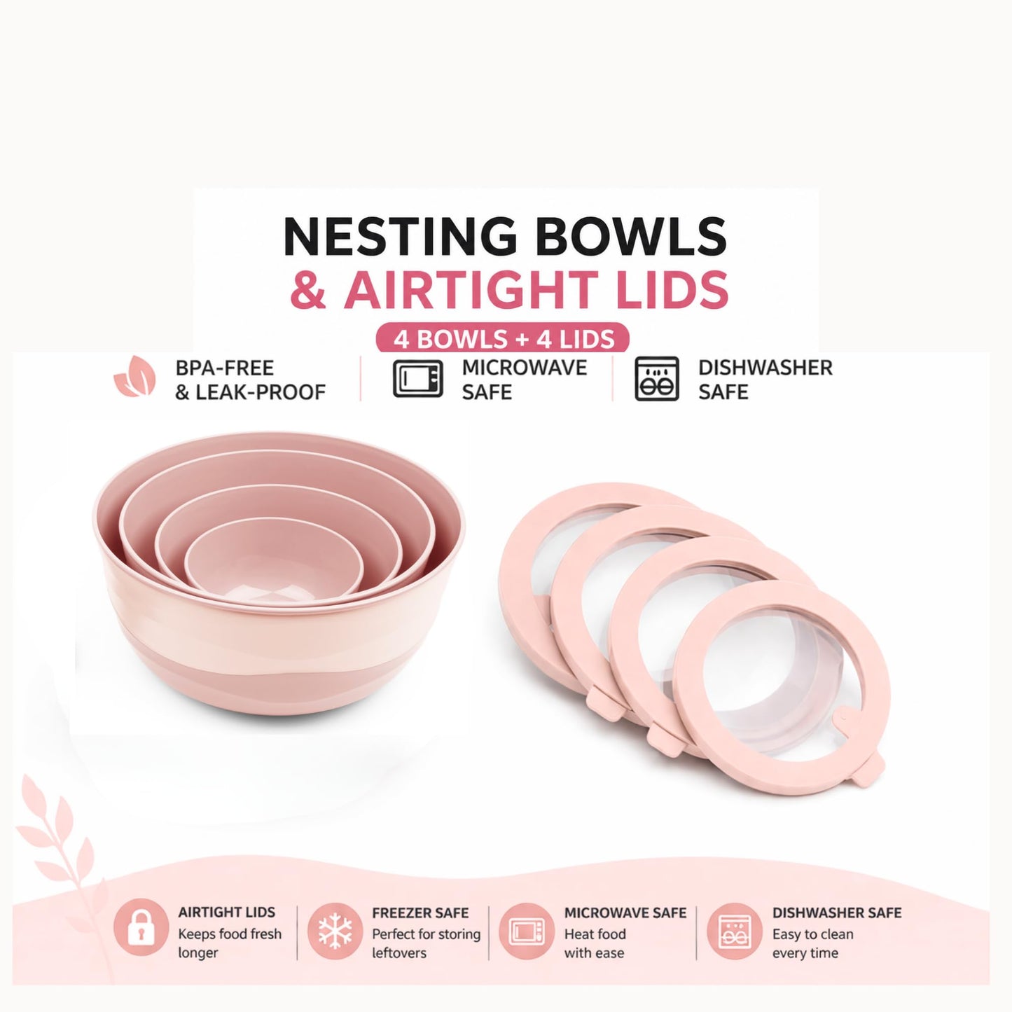 Fizu Home Pera Mixing Bowls with Lids, 8-Piece Airtight Leak-Proof Nesting BPA-Free Prep Bowl Set for Kitchen & Food Storage, Large 4200ml Capacity, Microwave & Dishwasher Safe