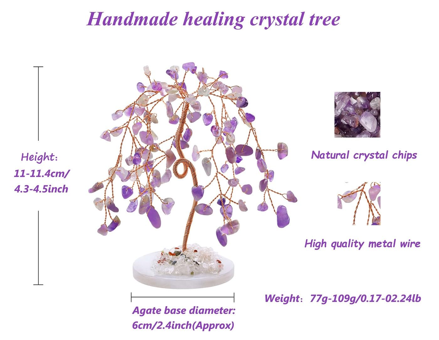 LAIDANLA Amethyst Natural Healing Crystal Tree - Reiki Money Agate Base Copper Wire Life Feng Shui Energy for Home Office Desk Room Decor Meditation Good Luck Gift