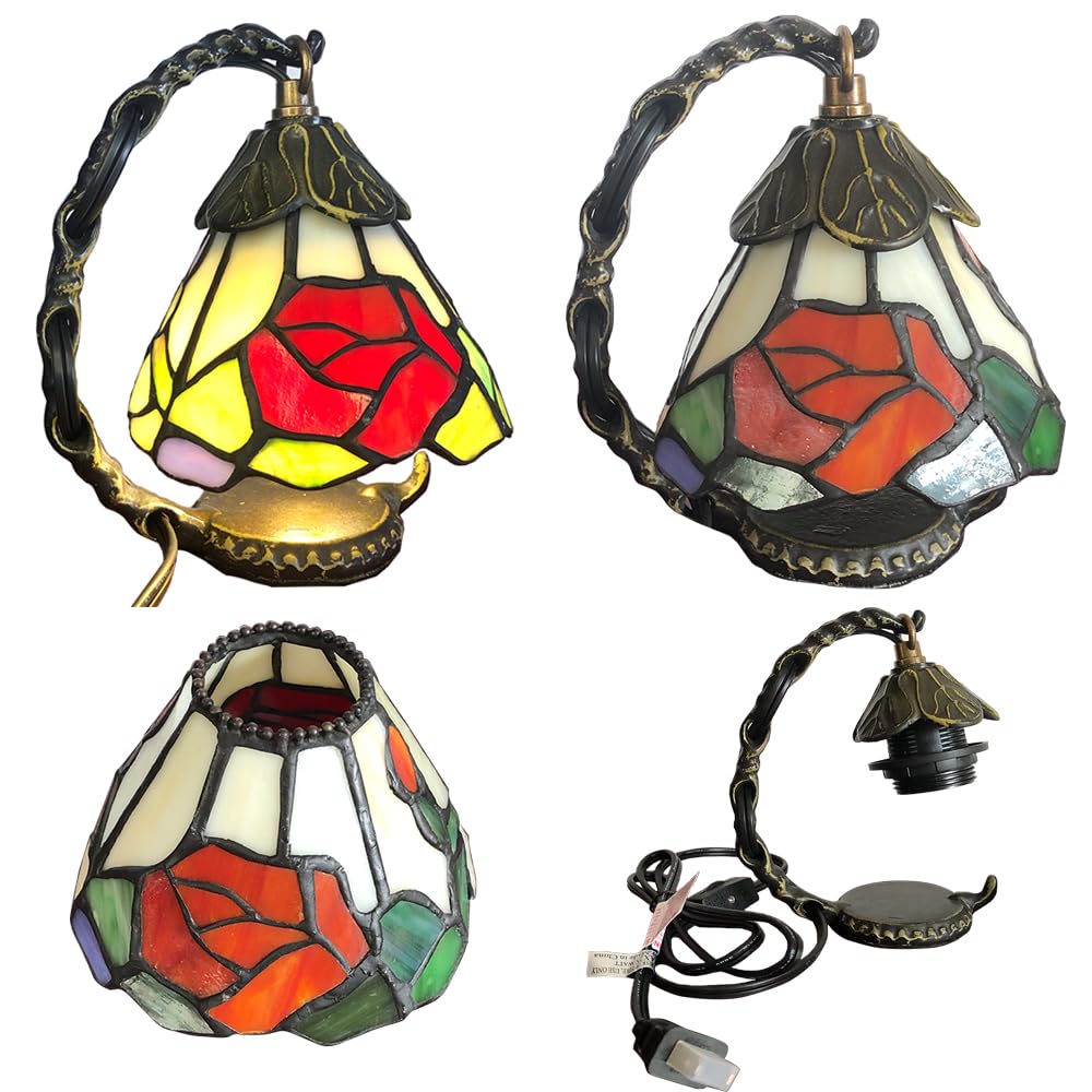 HUIMEIJU Tiffany Glass Table Lamp, Rose Pattern Night Lamp, Study Small Table Lamp, Wake Up Lamp