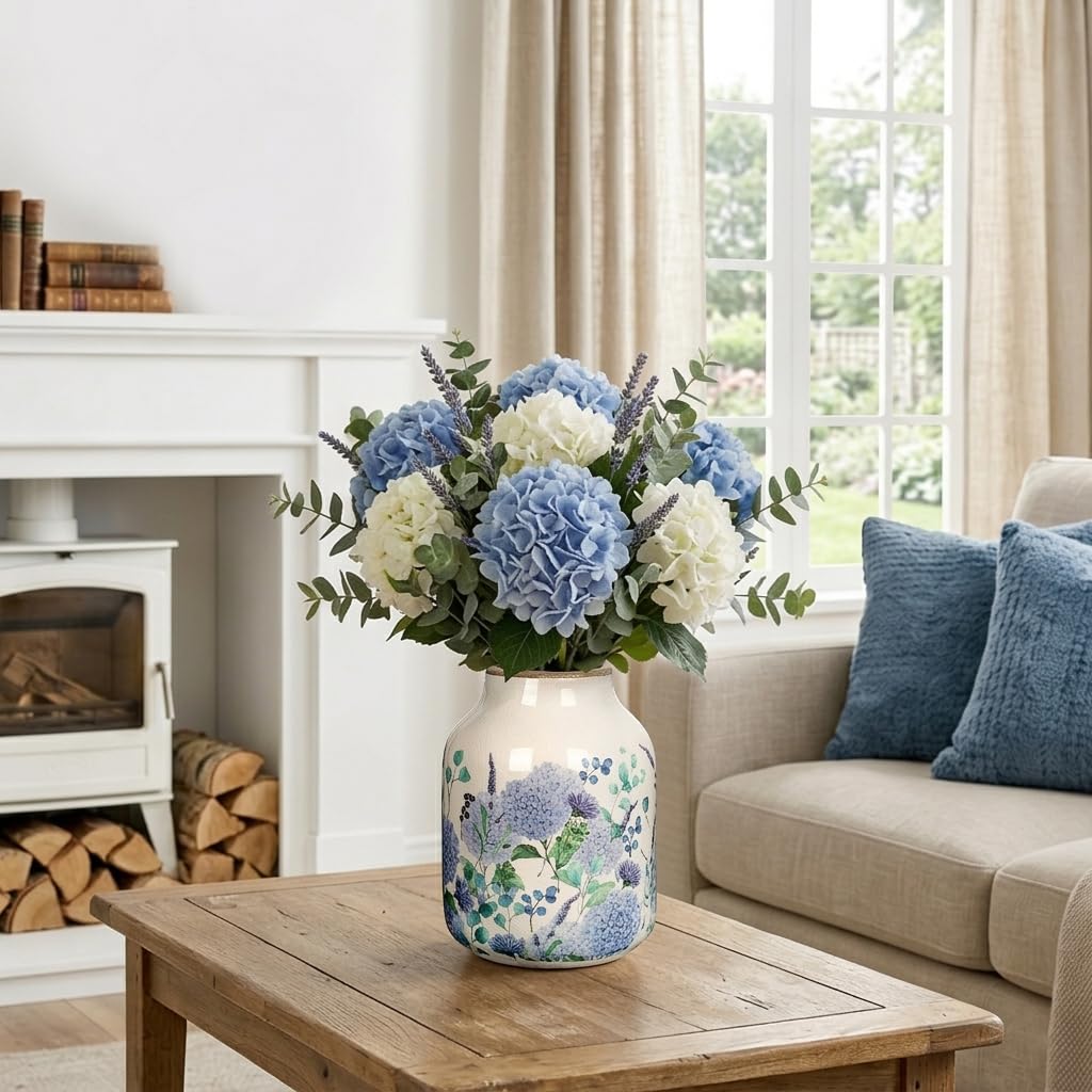 Nature Crafted Blue and Beige Vintage Ceramic Vase, 8 inch Blueberry Hydrangea Chinoiserie Floral Vase, Rustic Ceramic Large Vase for Home Table Bookshelf Kitchen Living Room Office Balcony
