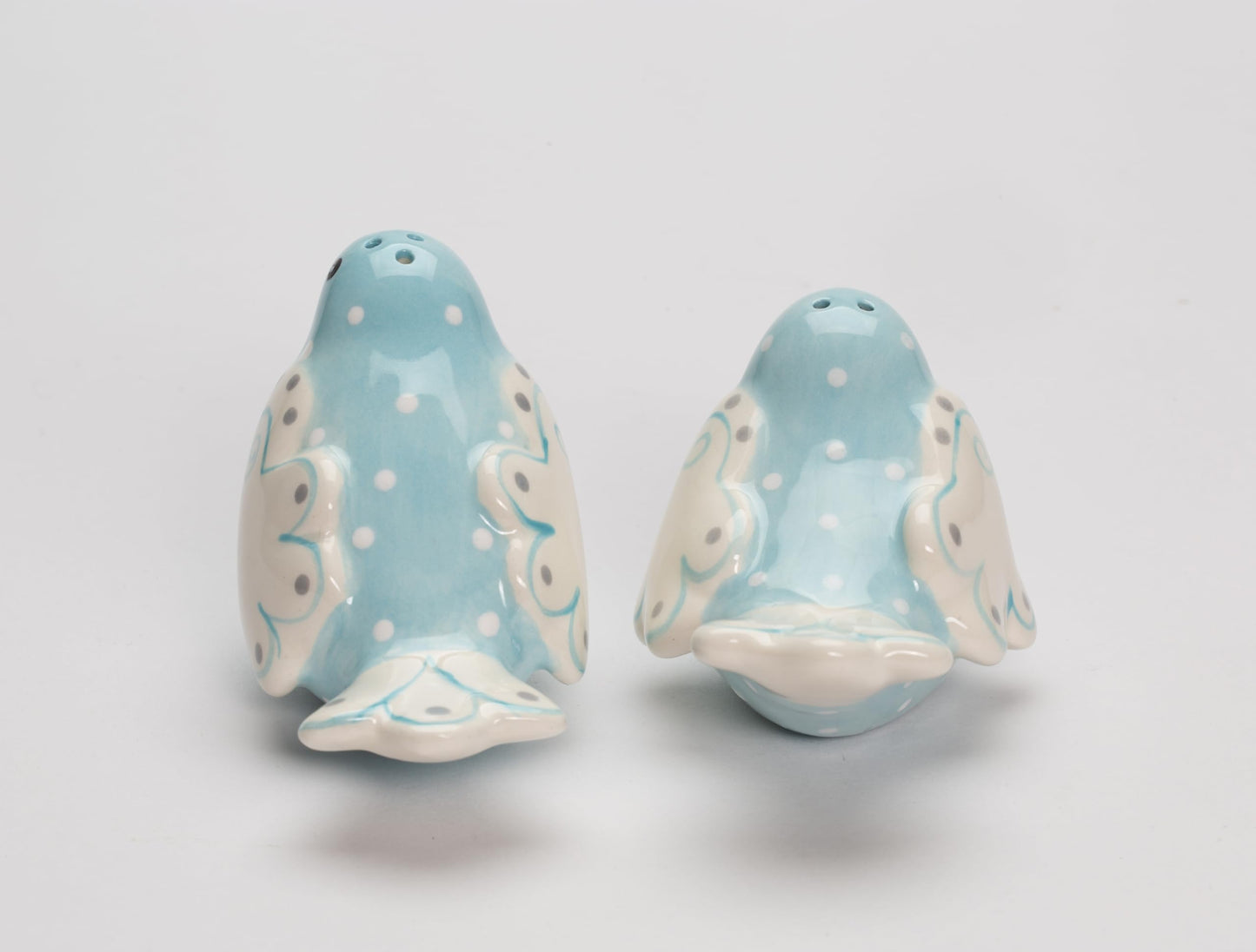 Fine Ceramic Lovebird Bluebird Pastel Baby Blue Bird with White Wings and White Polka Dots Design Salt and Pepper Shakers Set, 3-5/8" L
