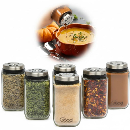 Adjustable Glass Spice Jars (Set of 6) with 6 Pouring Sizes- Stainless Steel Lid/Cap- Square Seasoning Bottle Containers for Minimalist Kitchen Pantry Storage Organization- Fill Shaker w Salt Pepper
