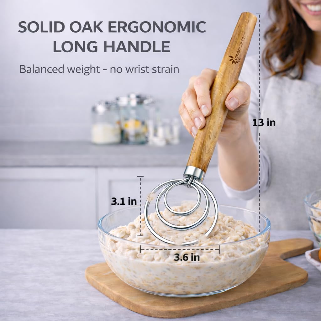 Eman Cares Danish Dough Whisk for Sourdough – Thick Stainless Steel Dutch Whisk with Ergonomic Oak Handle – Heavy-Duty Dough Mixer for Bread & Baking