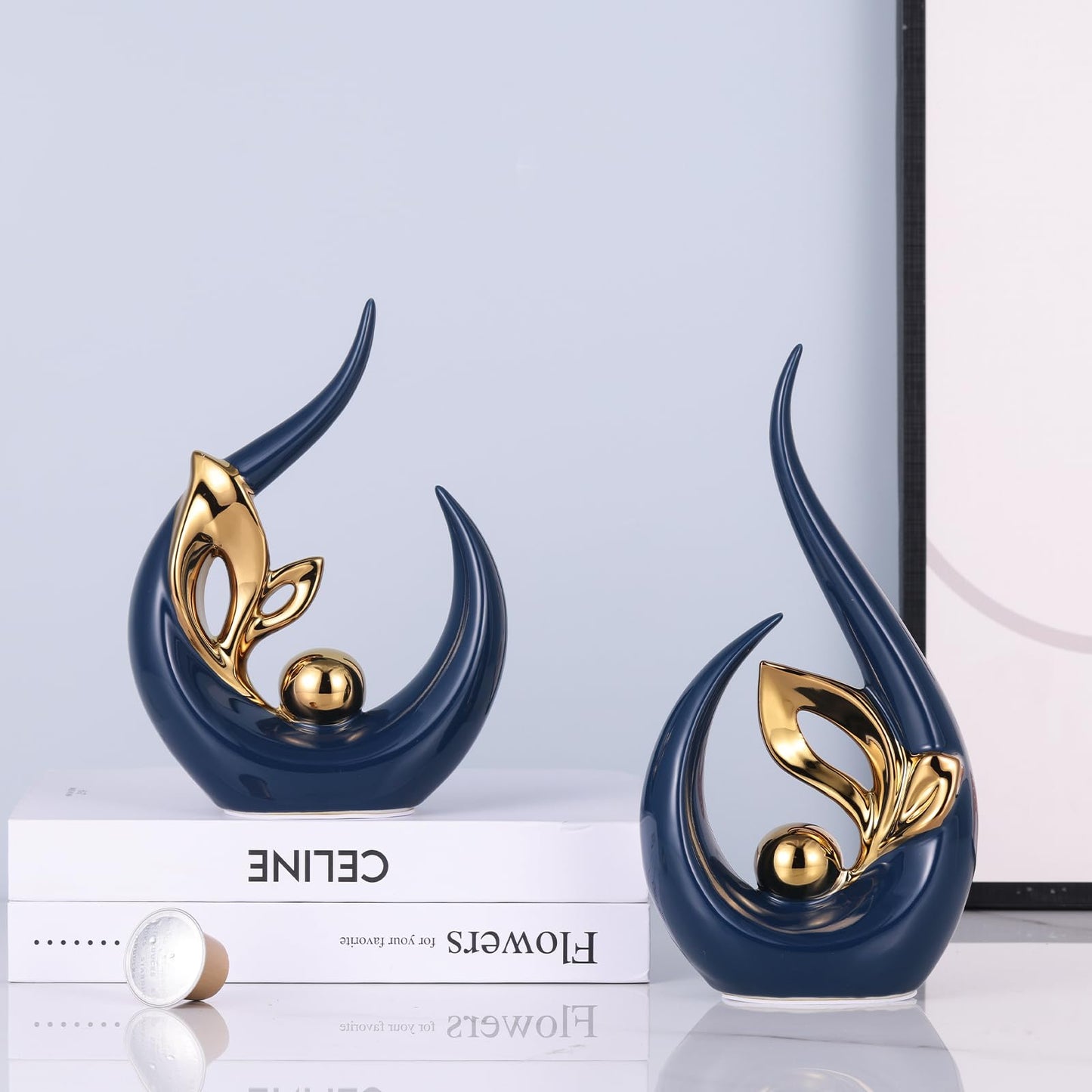 9.4" H Blue Gold Abstract Sculptures Home Decor, Ceramic Art Statue Cool Stuff to Put on Shelves&tv Stand Decor, Gold Accent Entertainment Center, for Fireplace Coffee Table Dining Table Decorate