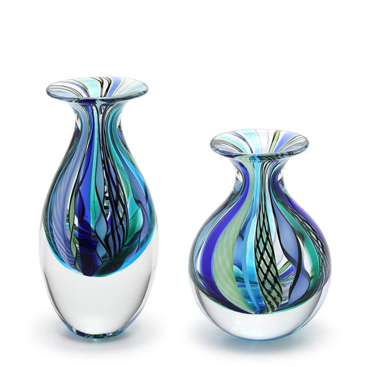 Ca D Oro Pair of Small Glass Vases Boho with Blue/Green Canes Hand Blown Murano-Style Art Glass - Models Nº 2/3