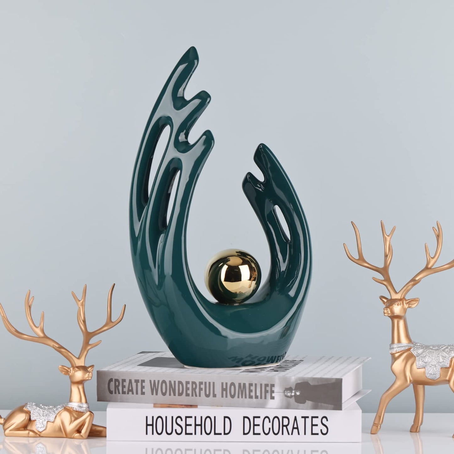 LCCCK 12" H Teal Gold Aesthetic Room Decor Accent, TV Stand Funky Table Centerpiece, Abstract Art Ceramic Statue and Sculpture, Teal Decor for Living Room, Bookshelf Decorative Objects, Shelf Decor