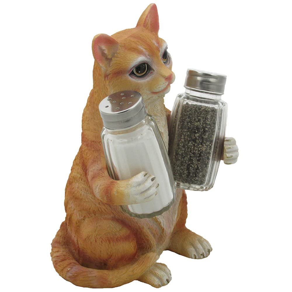 Orange Tabby Kitty Cat Glass Salt & Pepper Shaker Set with Holder Figurine in Decorative Pet Statues and Sculptures As Kitten Kitchen Table Decoration Gifts for Cat Owners by Home-n-Gifts