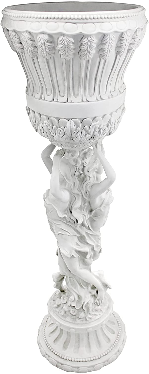 Design Toscano Les Filles Joyeuses Dancing Maidens Pedestal Column Plant Stand with Urn, 36 Inch Tall, Cast Stone Resin, Antique Stone Finish