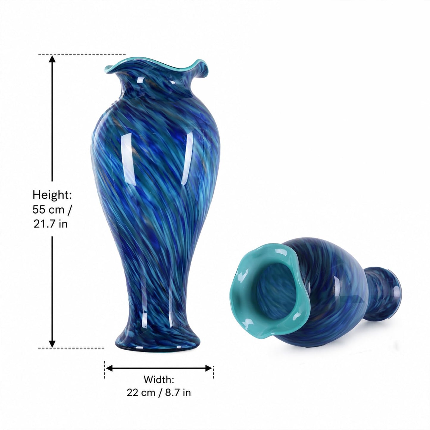 20" Tall Hand Blown Glass Vase – Pretty Ruffle Wide Mouth Decorative Flower Vase, for Modern Home Decor, Ideal Centerpiece for Living Rooms, Wedding & Home Decor