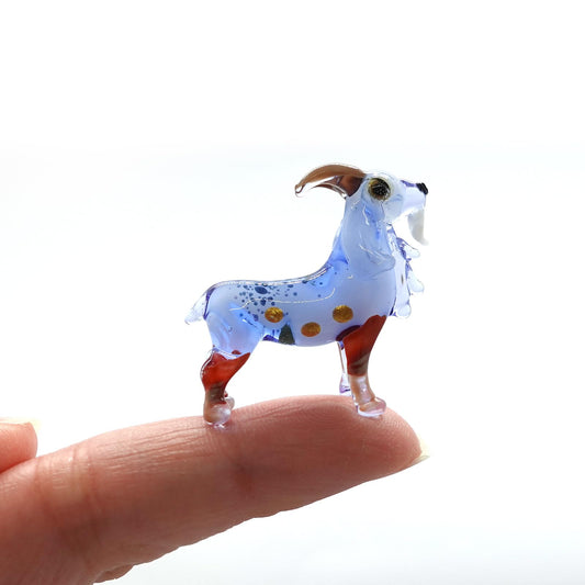 Sansukjai Goat Micro Tiny Figurines Hand Blown Glass Art Animals Collectible Gift Home Décor (Blue Brown)