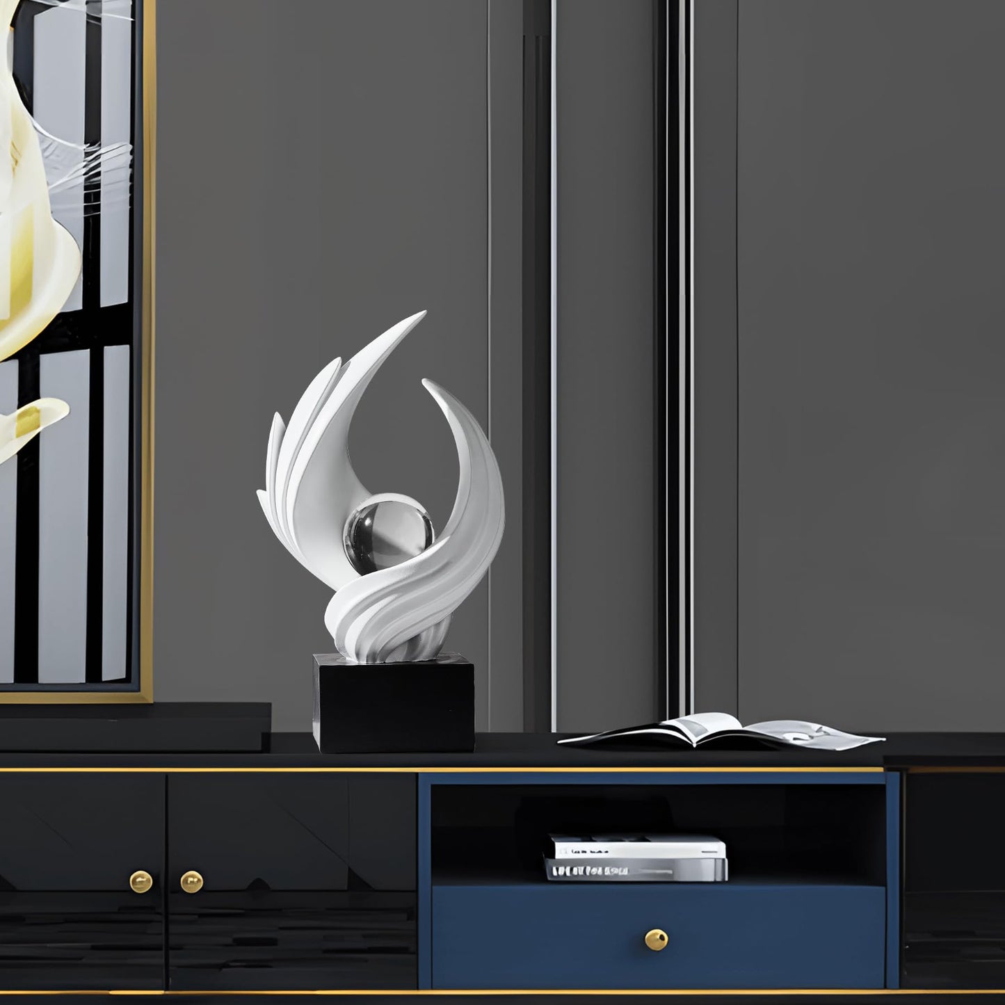 XGZY Abstract Flame Art Statue-Modern Home Decor Table &Book Shelf-with Glass Ball (10.43in Tall Figurine) (White)