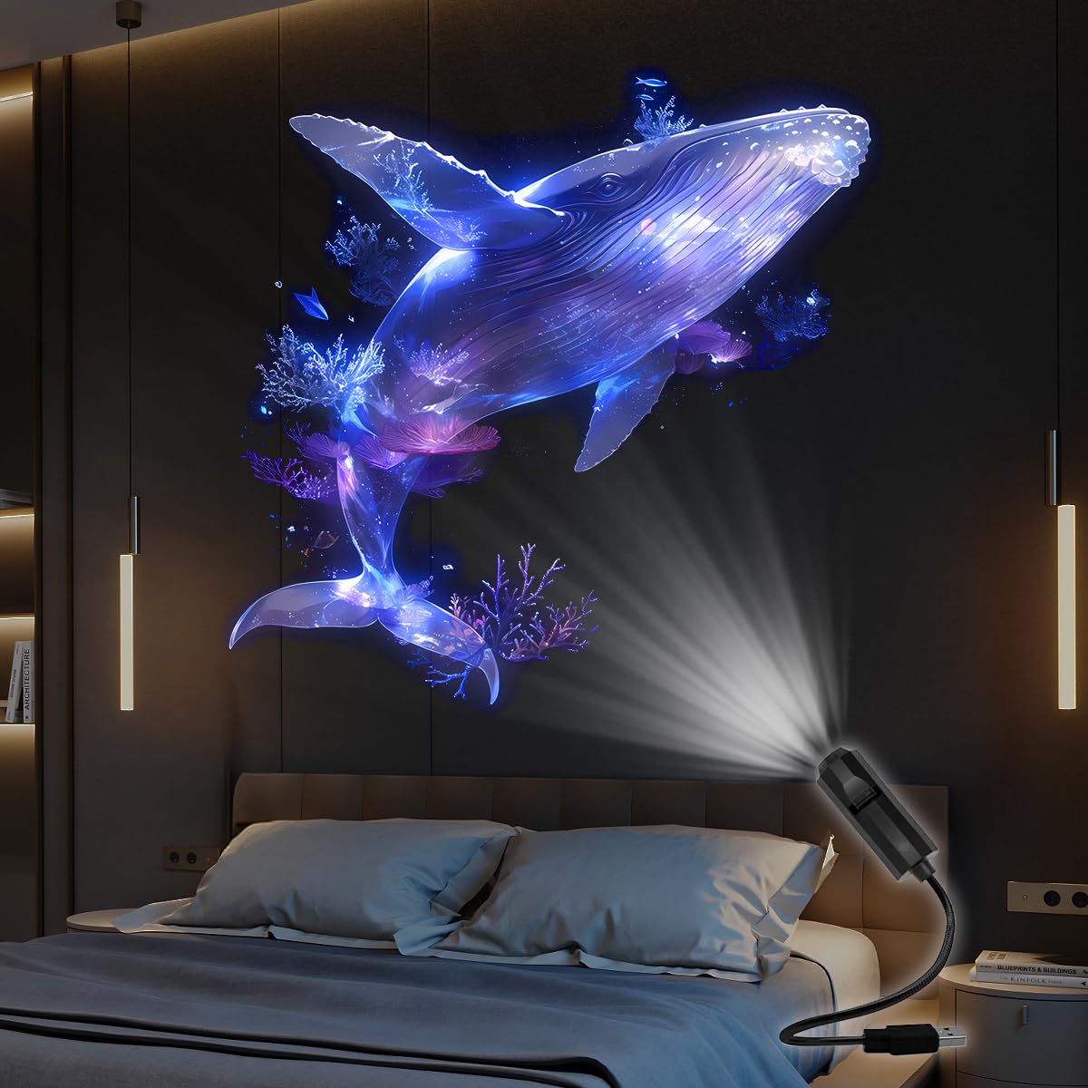 Creative pattern projection light, LED decorative night light, can project whale, jellyfish, starfish, butterfly-patterns, suitable for decorating various walls, floors, ceilings and other scenes.