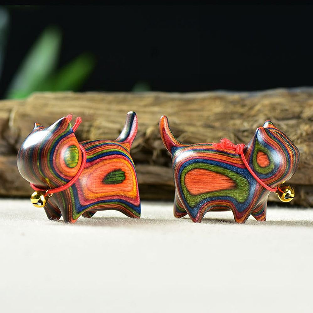 HLbshi Handmade Rainbow Wooden cat Figurine Wood Animal Statue Desk Home Decor 1.5'' (Eyeless)