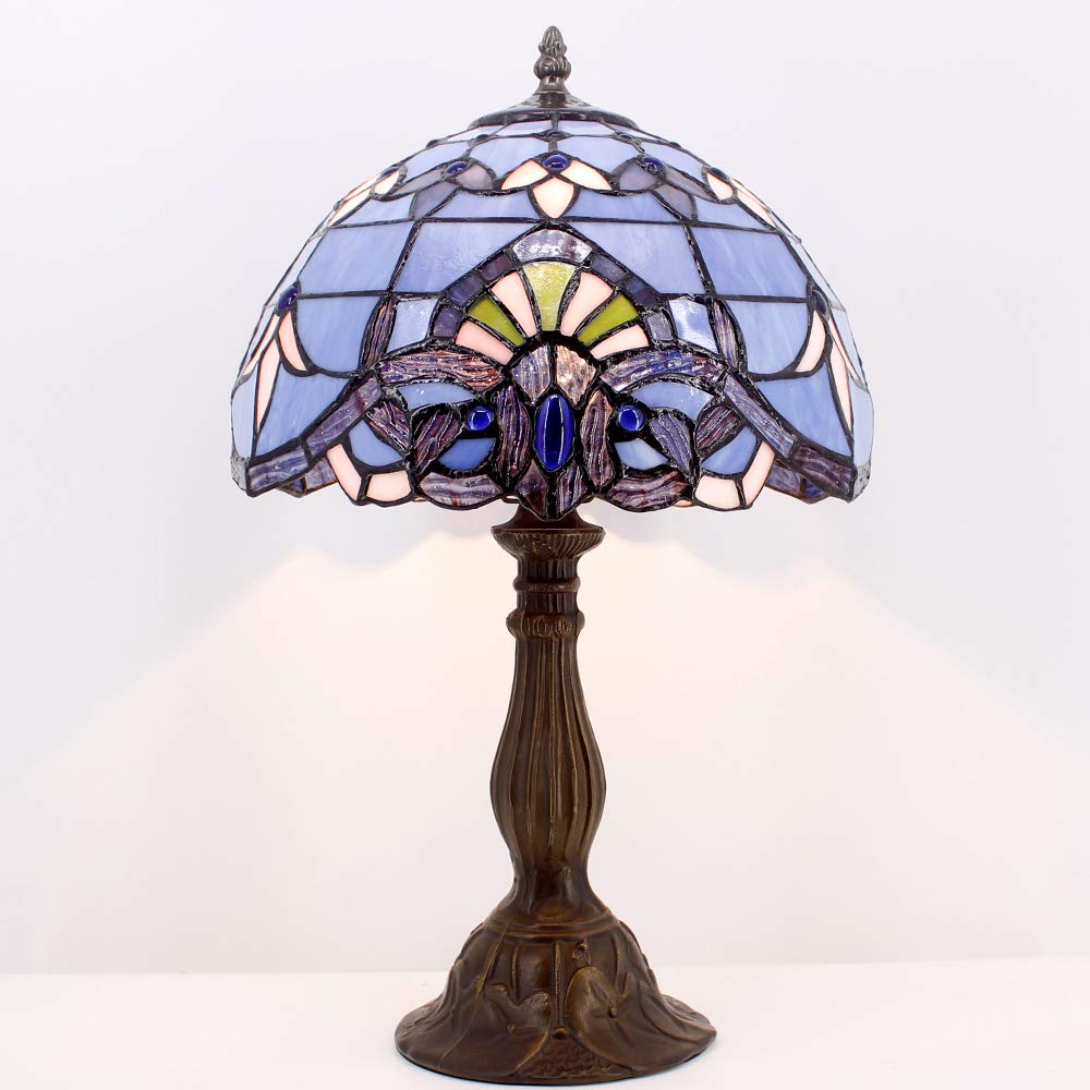 WERFACTORY Tiffany Lamp Stained Glass Table Lamp 12X12X18 Inches Blue Purple Baroque Style Lavender Bedside Reading Desk Light Decor Bedroom Living Room Home Office S003C Series