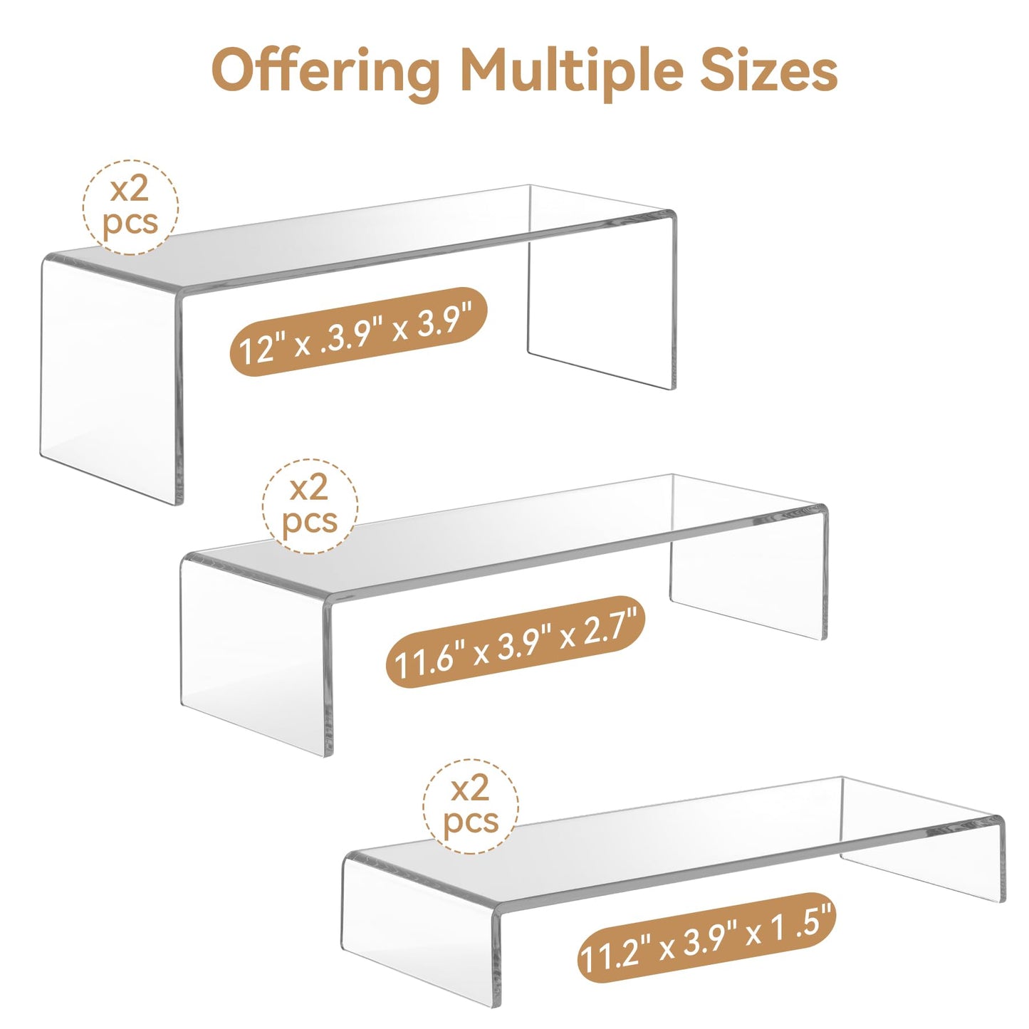 ANDGOO Large Acrylic Display Risers, 2 Sets(11.2”L~11.6”L~12”L) Clear Rectangular Showcase Collectibles Display Shelf, Retail Desktop Risers Display Stand for Organize and Decoration