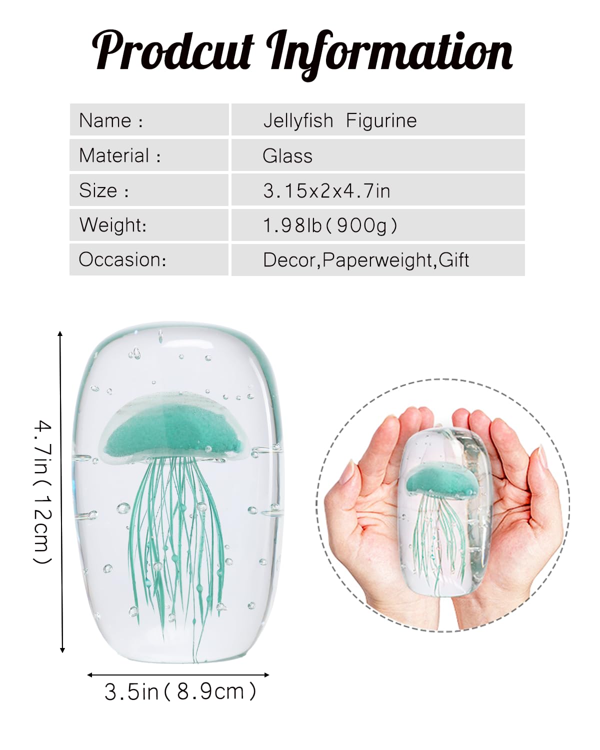 Bdor Glass Jellyfish Figurine, Hand Blown Art, Glow in The Dark Paperweight, Sea Ornament, Home Decor Gift, Green