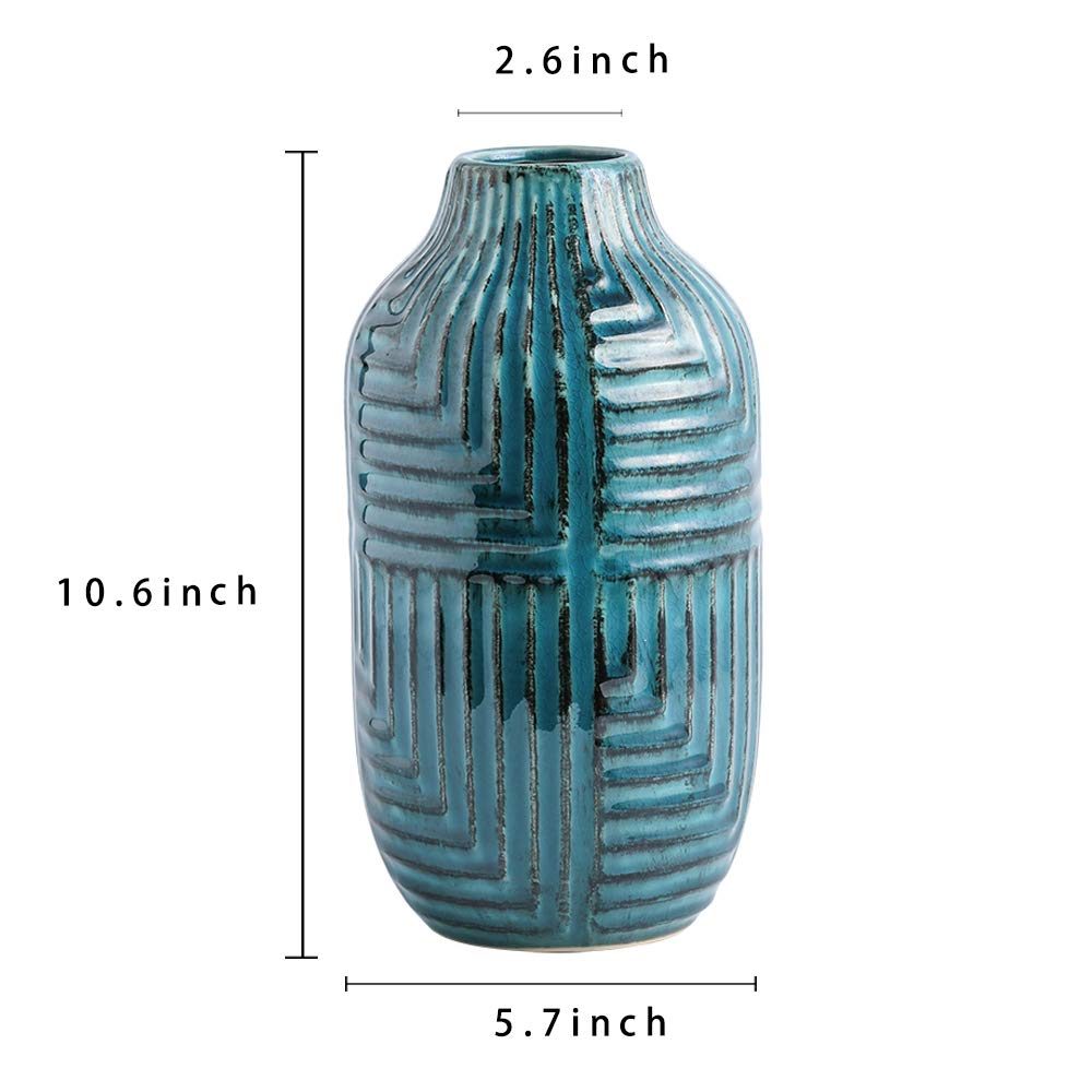 hjn Teal Hand-Glazed Ceramic Vase - 10.6" H Modern Decorative Centerpiece Vase for Fresh/Dried Flowers, Home Decor for Living Room Bookshelf Mantel | Wedding Housewarming Gift