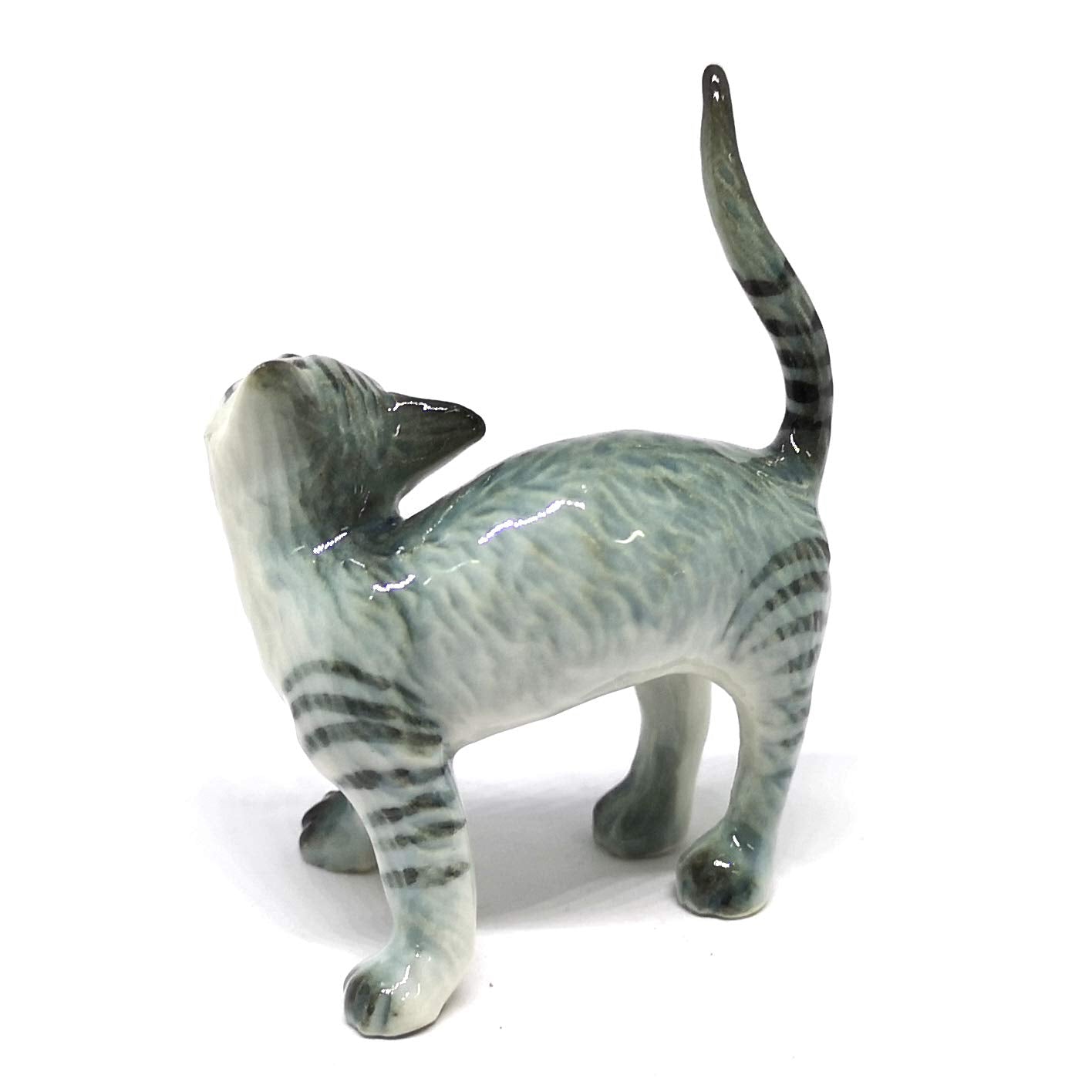 ZOOCRAFT Ceramic Cat Figurine Miniatures Stretching Gray Pet Lovers Collectibles Hand Painted Animal Poecelain