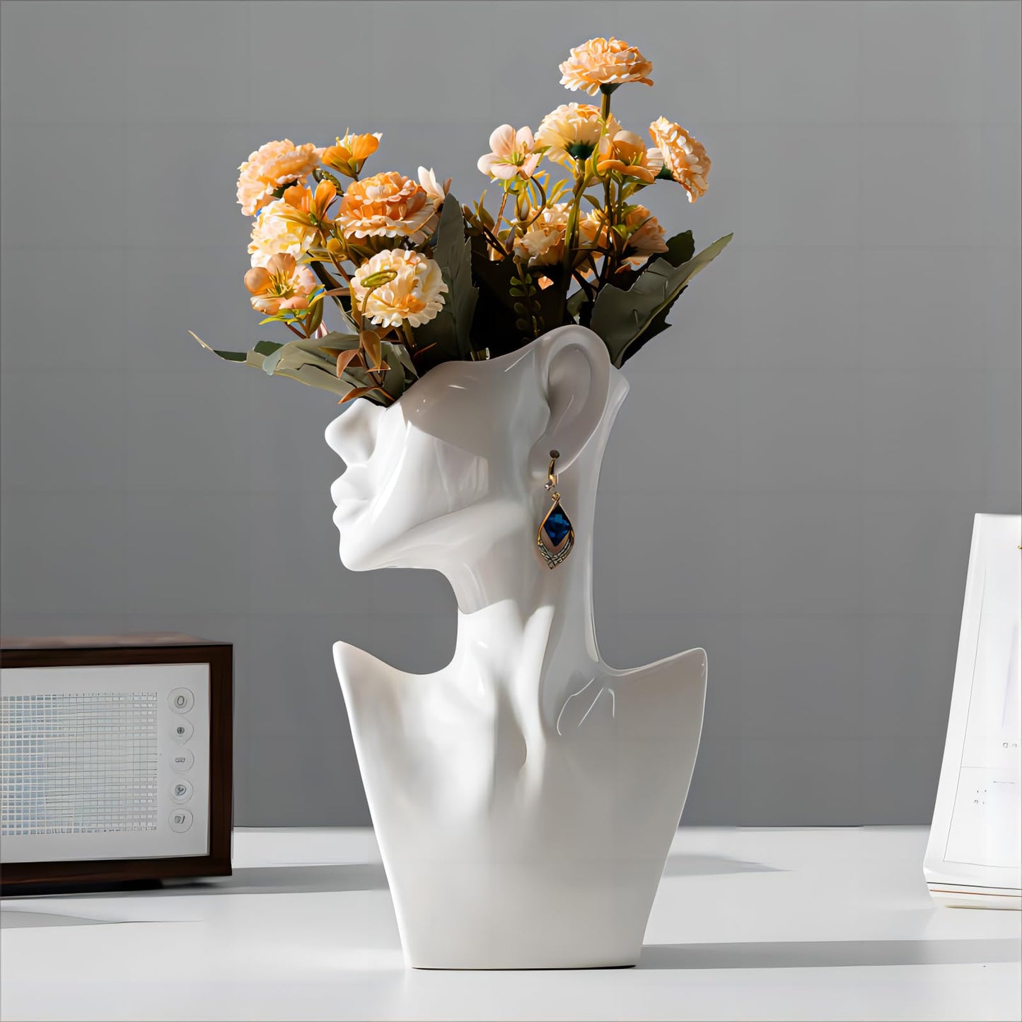 GIDARY Face Vases -White,H 9.2 Inch,with Earrings Art Ceramic vase,for Flowers Ceramics Statue Flower Vase,Female Modern Cool Vases,for Office Dining Table Home Ornaments
