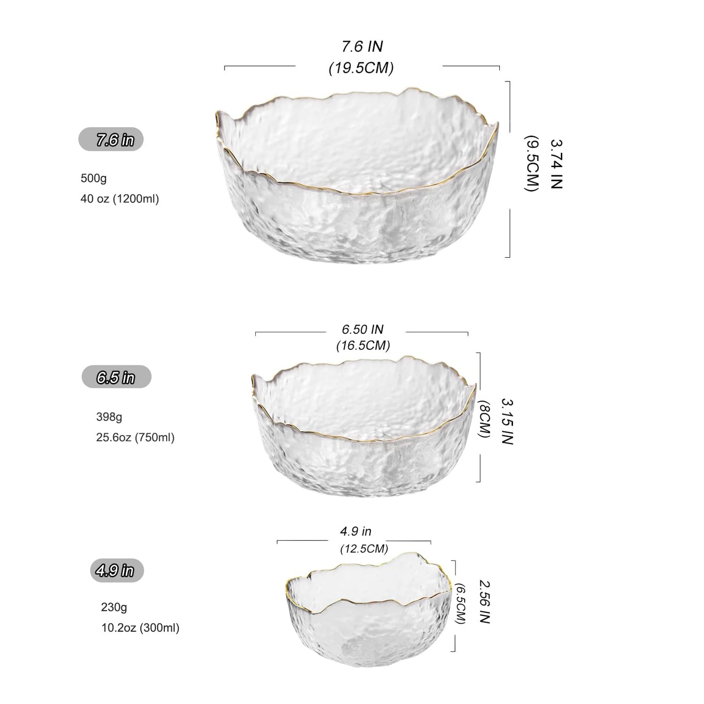 SYXLTSH Glass Salad Bowl Irregular Lotus Flower Shape Serving Bowls, Mixing Nut Bowls for Kitchen Fruist, Snack, Dessert, and Ice Cream Candy Dishes (Crystal Clear with Gold Rim, 6.5")