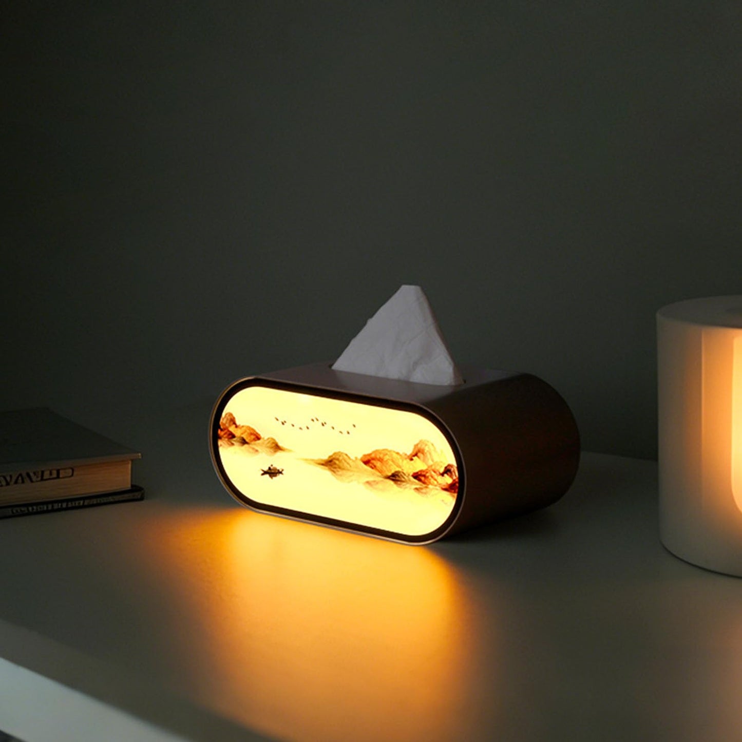 LED Tissue Box Cover,Modern Artistic Large Opening Pop-up Tissue Box Holder with Night Light,Rechargeable Oval Tabletop Napkin Box, Creative Facial Tissue Box for Bedroom,Desk,Dressing Table