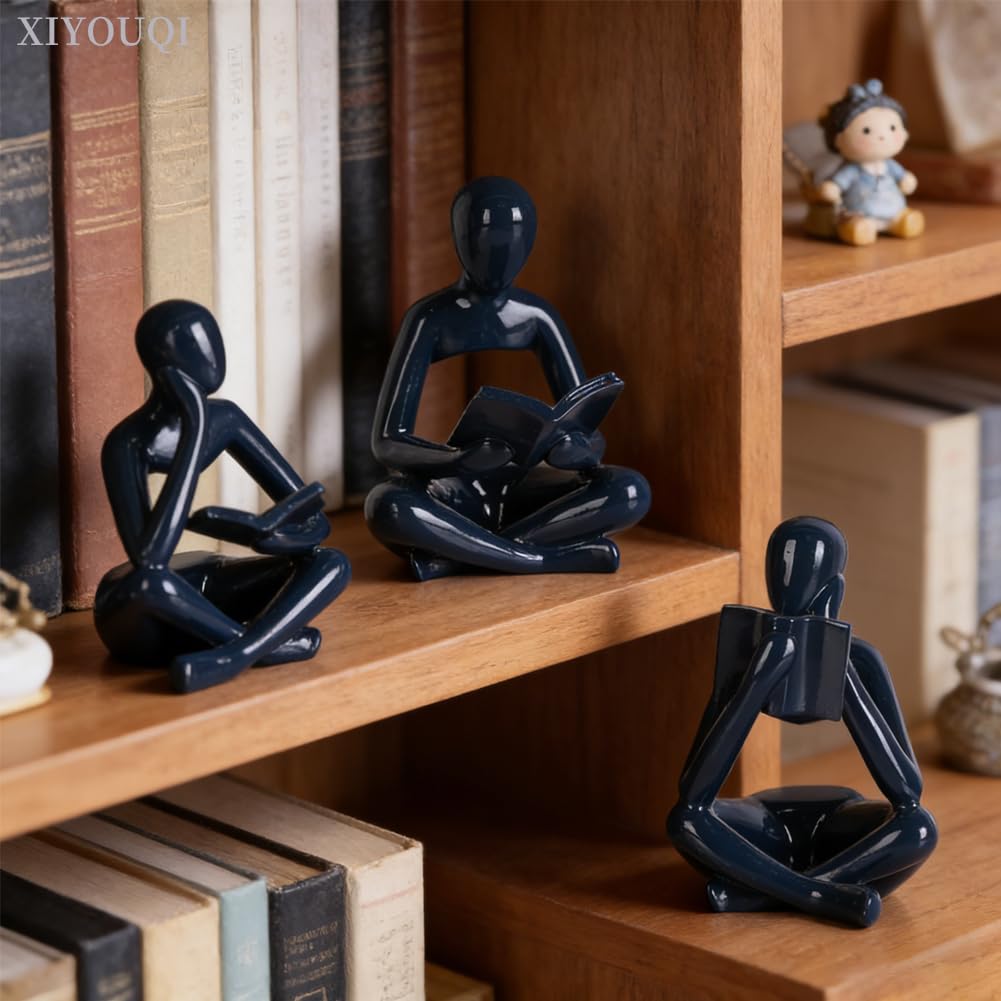 Navy Blue Thinker Statue Set of 3, Glossy Resin Reading Statue Figurines for Coffee Table, Abstract Sculptures Home Decor for Shelf, Desk, TV Console, Modern Blue Room Accents for Living Room Office
