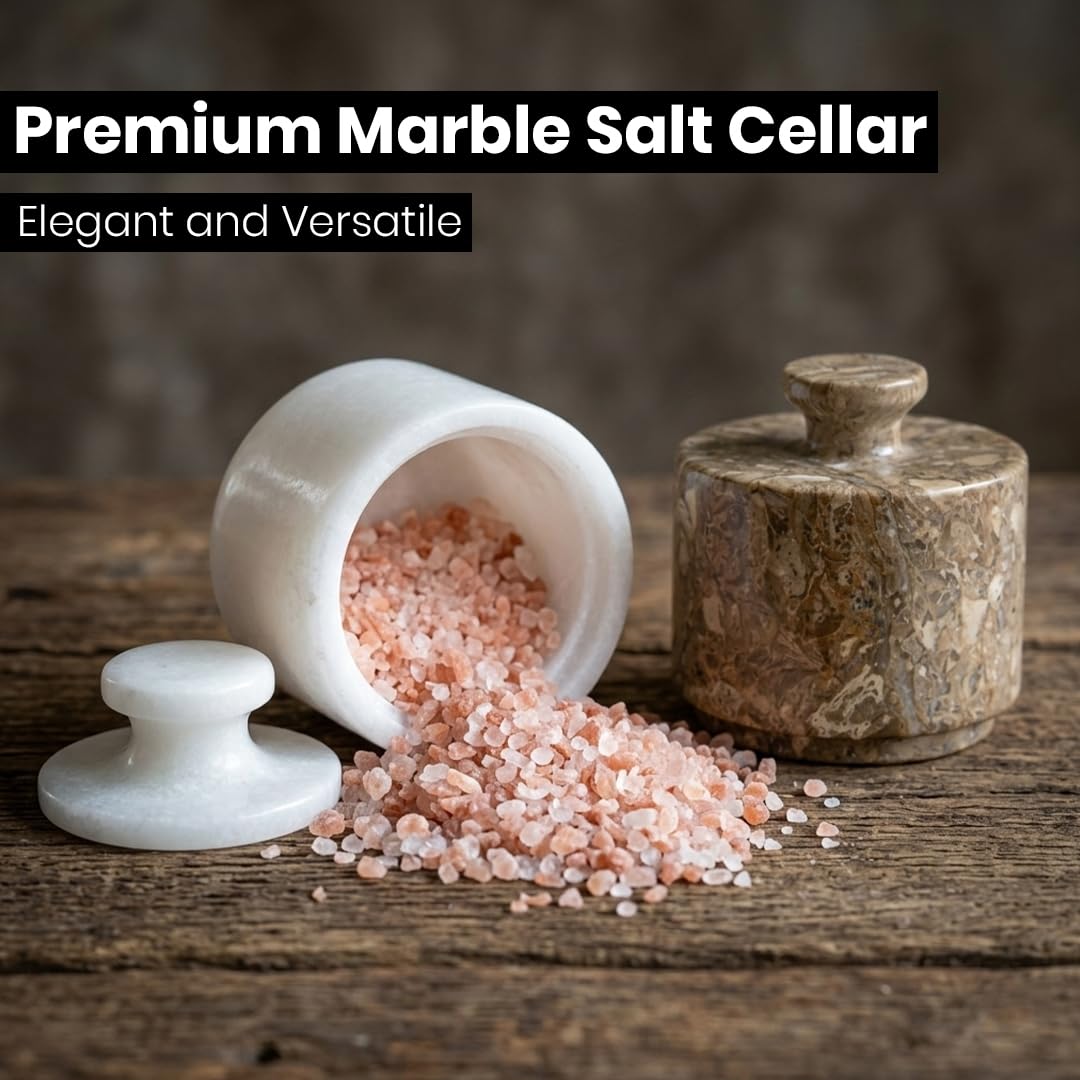 Marble Salt Cellar with Lid - Stone Salt Container for Countertop, Salt Box Keeper for Kitchen Counter, 3.5 oz OceanicX Marble Cellar (White Oceanic)