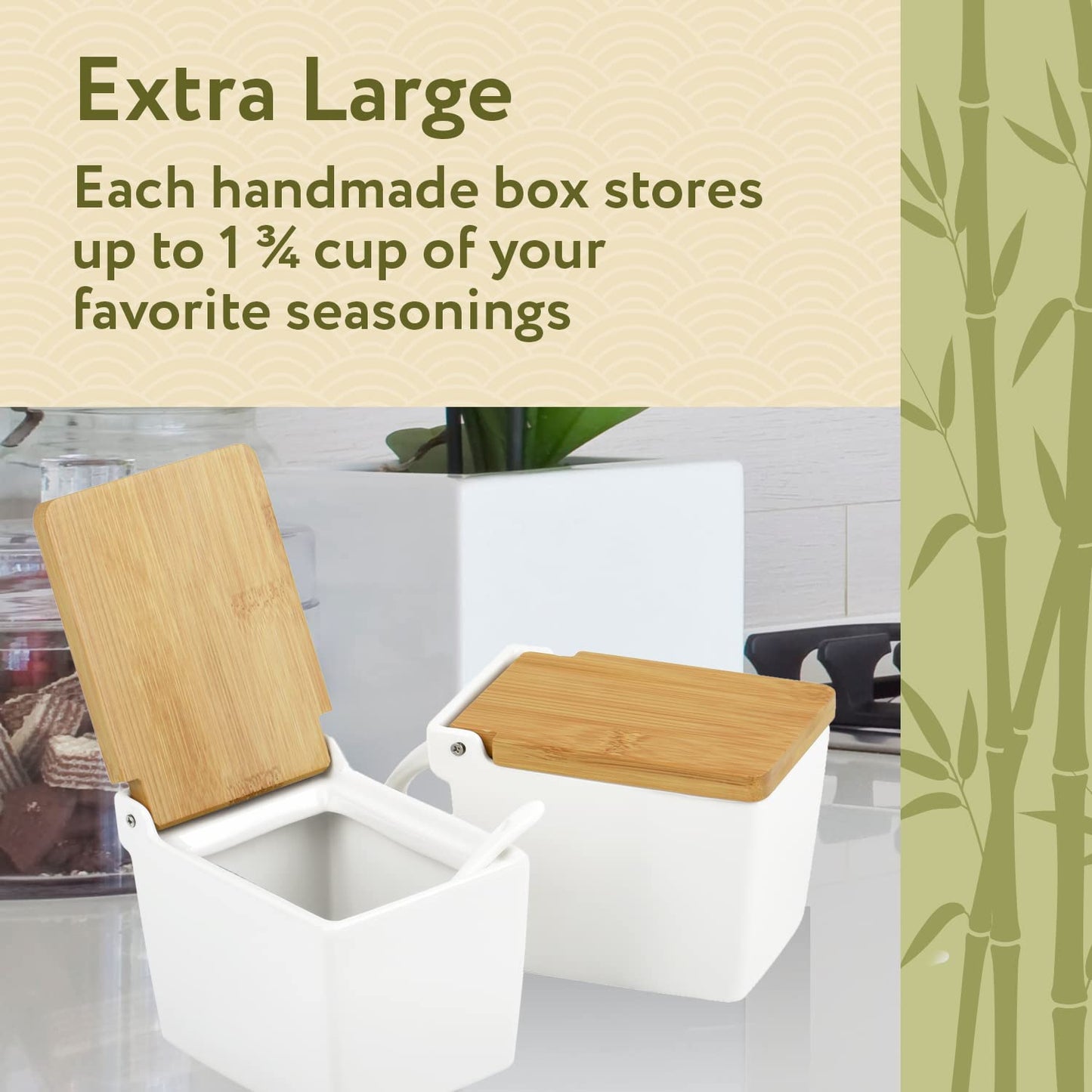 Impresa 2-Pack Japanese-Style Salt Box - Moisture-Barrier Lid Salt Cellar with Hinged Lid for Minimalist Decor & Kitchen Decor - Easy-Access Serving Container with Spoon - White Ceramic