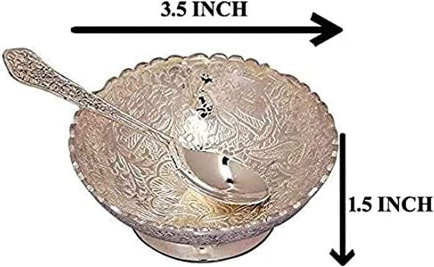 FIKIMOS Aluminium -Silver Plated Small Bowl Set with Spoon Size - 3.5 Inch Diameter Bowl, capacity -100 ml /3.38 OZ -30 Grams bowl weight