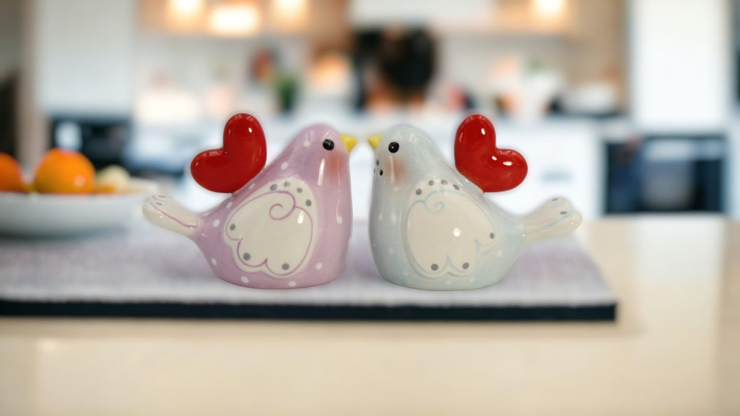 Fine Ceramic Valentine Love Birds with Red Heart Salt & Pepper Shakers Set, 3-3/8" L