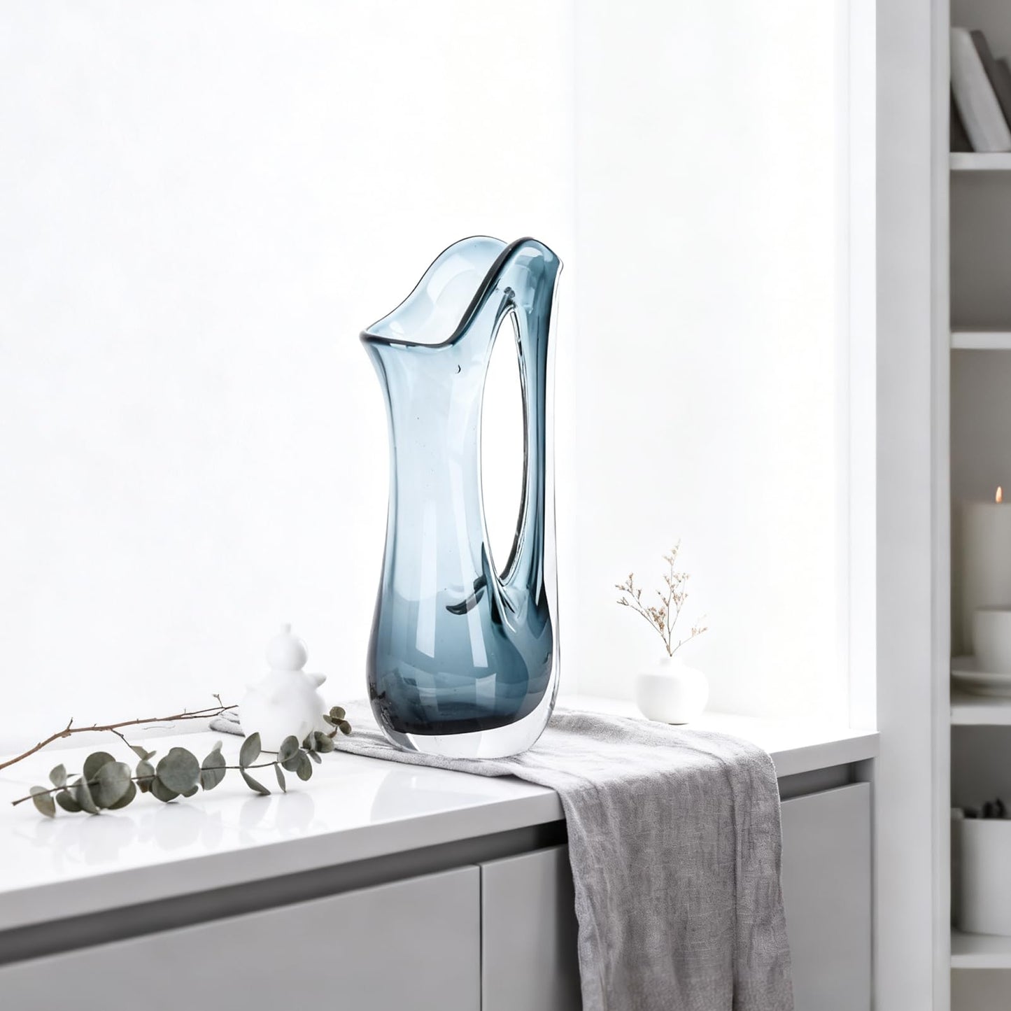Abstract Glass Decorative Vases - 12.6" H Ombre Centerpiece Vase, Wide Mouth Handled Glass Pitcher Vase Flower, for Home Decor Living Room,Table,Bathroom,Office Shelf Decorative (Ombre Blue)